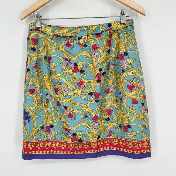 Vintage 90's Silk Mini Skirt Floral Baroque Scarf Print Satin Wrap Sara Campbell - Picture 6 of 10